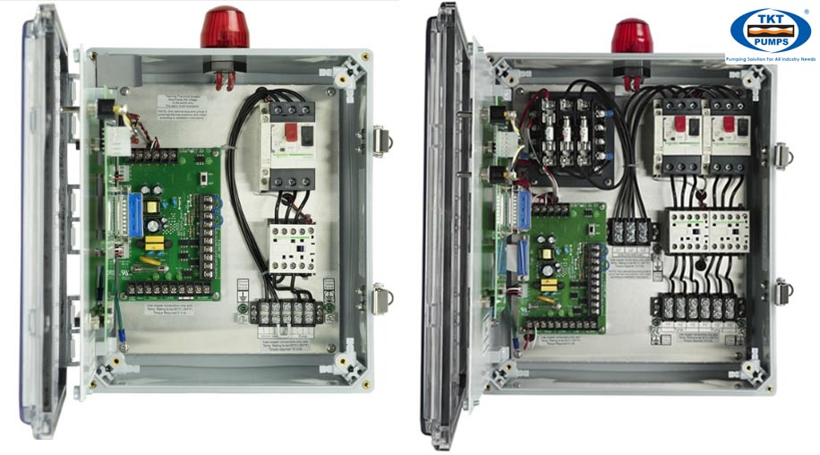 Hình tham khảo tủ điện máy bơm chìm 1 pha (trái) và 3 pha (phải)