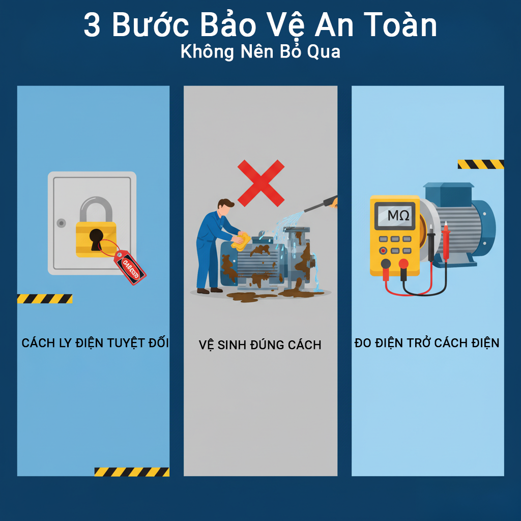 Hướng Dẫn Kỹ Thuật: Quy Trình Xử Lý & Phục Hồi Máy Bơm Công Nghiệp Sau Ngập Lụt 3 buoc bao ve
