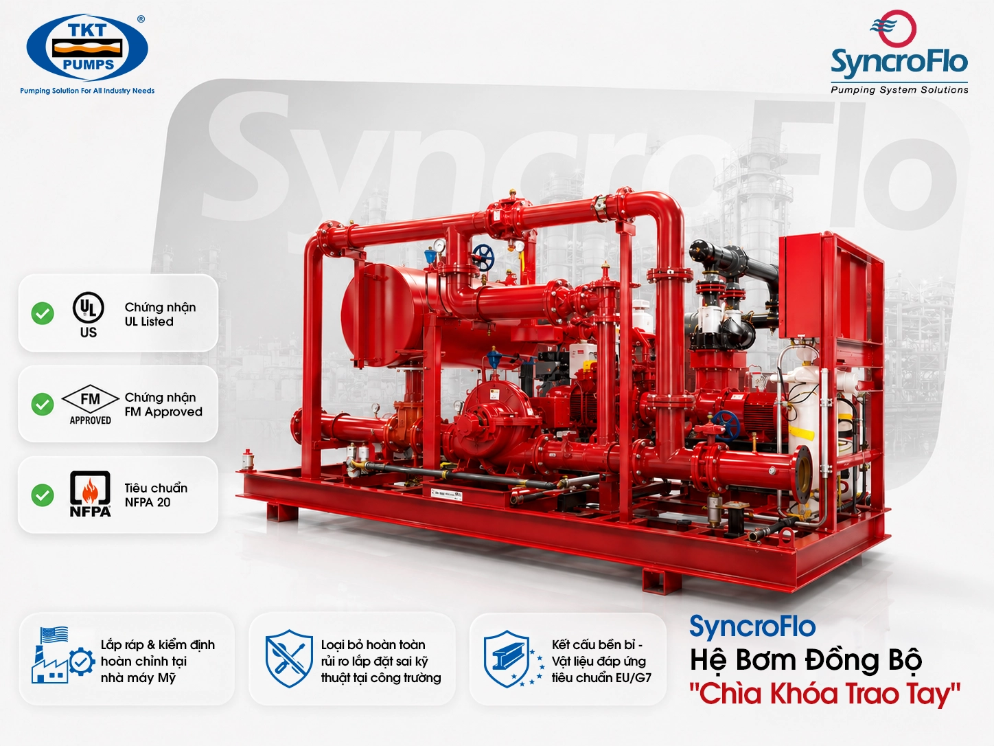 Giải Pháp Bơm PCCC — Caprari · QCVN | TKT Pumps 7 SyncroFlo Complete Fire Pump System on Red Skid with Diesel Engine, Electric Pump, Jockey Pump and Control Panel