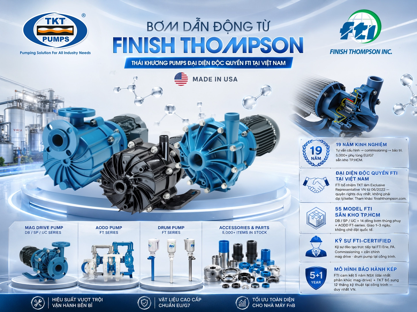 Finish Thompson Pump (FTI) – Bơm hóa chất chống ăn mòn | Đại lý Việt Nam 6 Bơm hóa chất Finish Thompson — lineup mag drive DB, ANSI sealless UC, self-priming SP và bơm thùng phuy, phân phối bởi TKT Pumps