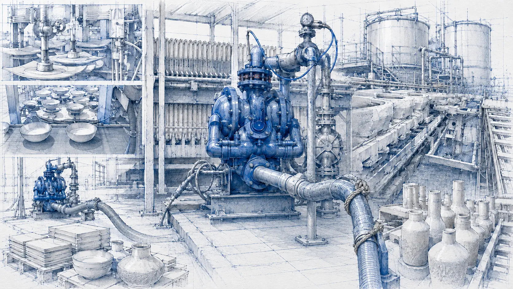 Máy bơm trong sản xuất gốm sứ 1 Giải pháp bơm cho ngành gốm sứ — bơm hồ men, nước thải mài mòn