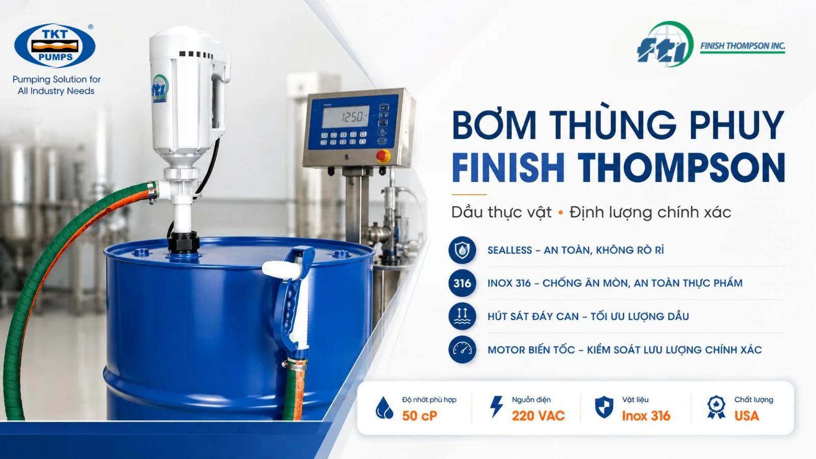 Bơm thùng phuy Finish Thompson EFS 3 Bơm thùng phuy Finish Thompson chuyển hóa chất, dung môi và chiết rót từ thùng phuy — sealless, inox 316