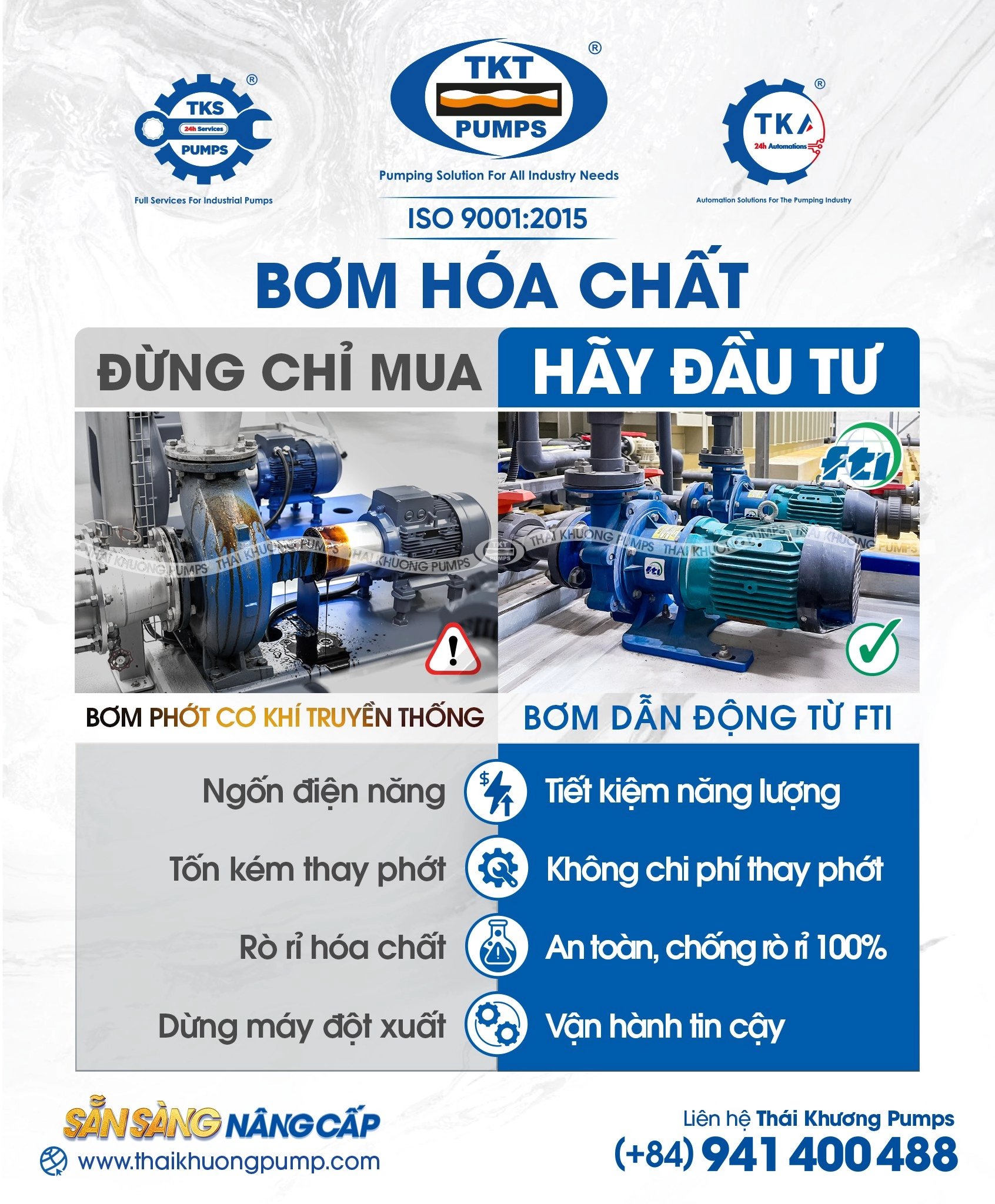 So sánh bơm phớt cơ khí truyền thống và bơm dẫn động từ FTI về điện năng, chi phí thay phớt, rò rỉ hóa chất và độ ổn định khi chạy