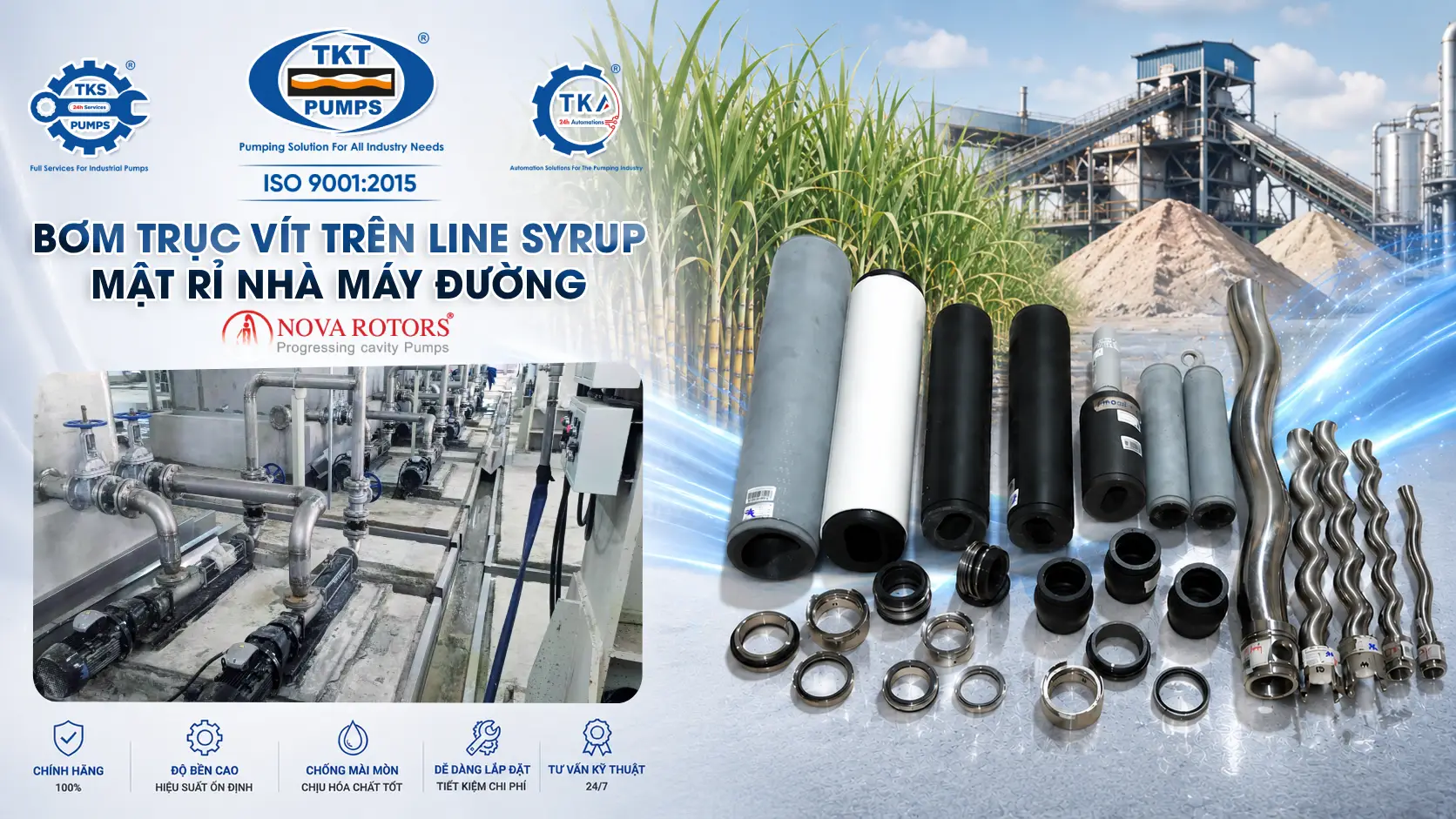 Bộ phụ tùng bơm syrup, mật rỉ và hóa chất: chuẩn bị trong off-season trước vụ ép 2 Bơm trục vít chuyển syrup và mật rỉ trong nhà máy đường — bảo dưỡng off-season trước vụ ép