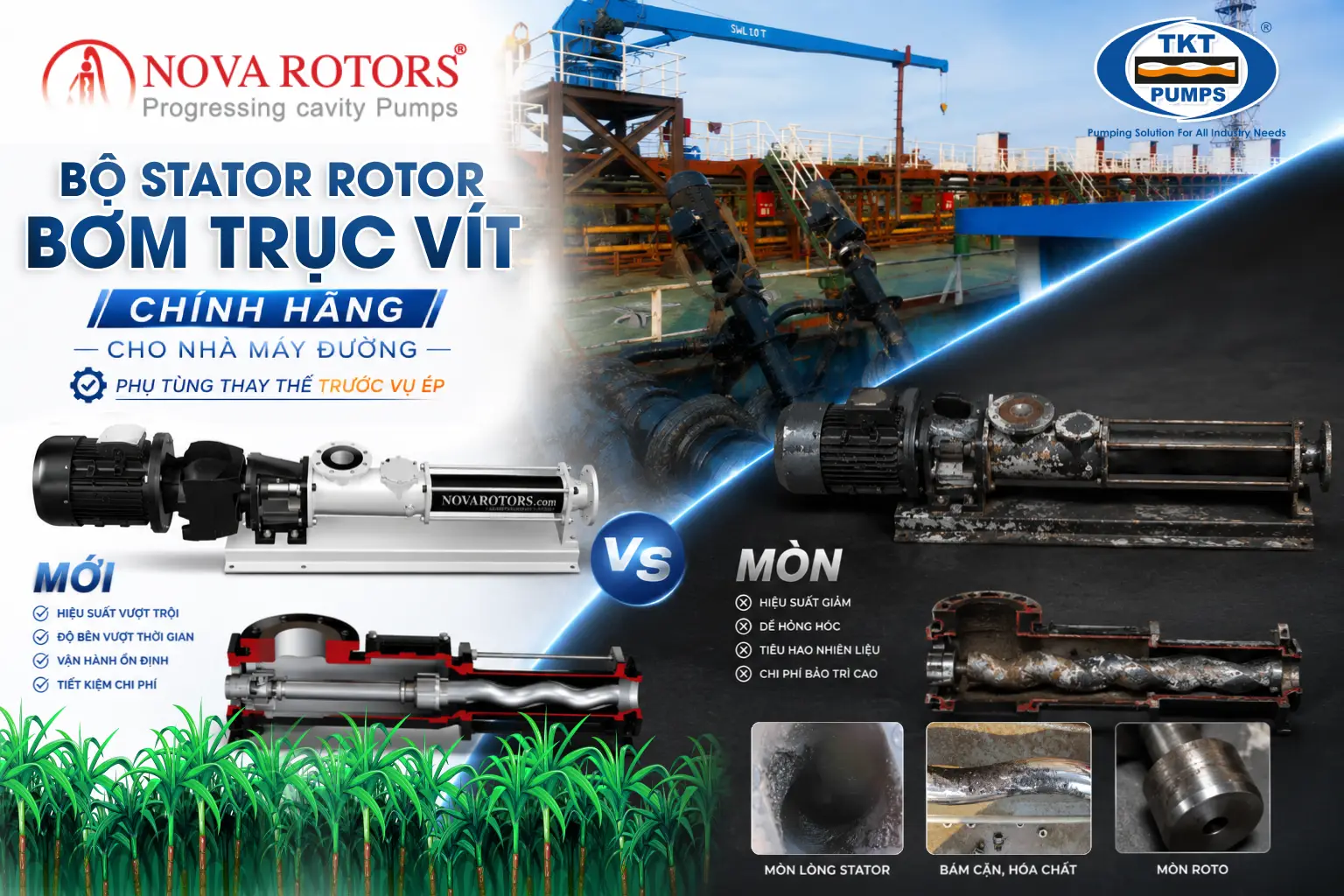 Bộ phụ tùng bơm syrup, mật rỉ và hóa chất: chuẩn bị trong off-season trước vụ ép 3 Bộ stator rotor bơm trục vít chính hãng cho nhà máy đường — phụ tùng thay thế trước vụ ép