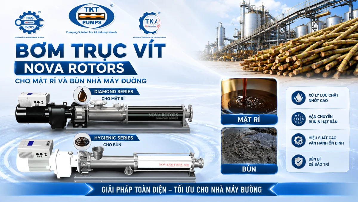 Bơm trục vít Nova Rotors cho mật rỉ và bùn bã mía nhà máy đường