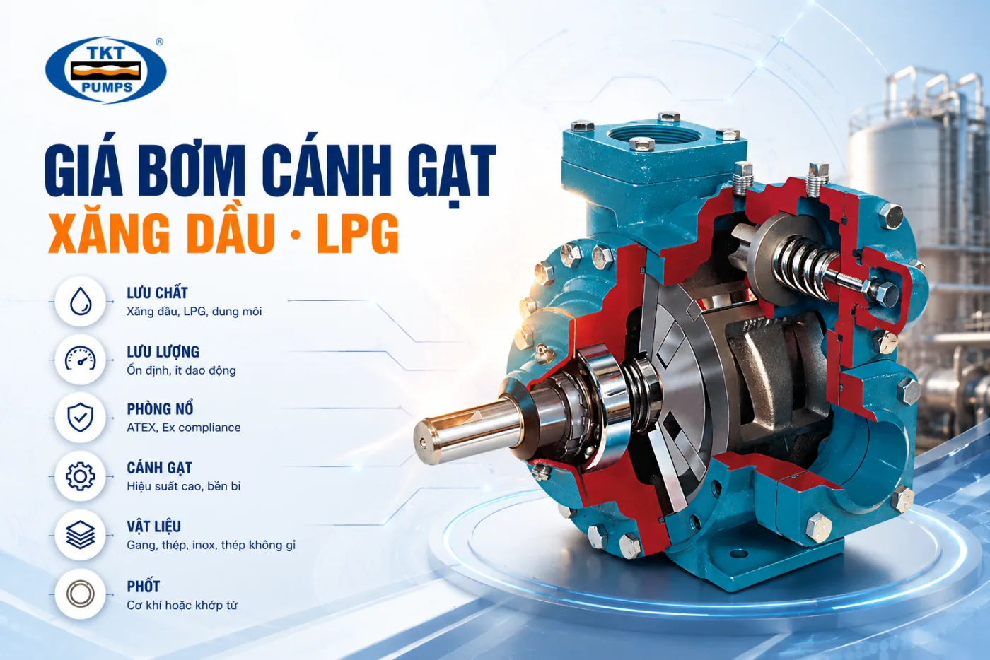 Giá bơm cánh gạt xăng dầu, LPG: 6 yếu tố quyết định giá 3 Sáu yếu tố quyết định giá bơm cánh gạt xăng dầu, LPG trên mặt cắt bơm sliding vane: lưu chất (xăng dầu, LPG, dung môi), lưu lượng, chuẩn phòng nổ ATEX/Ex, cánh gạt, vật liệu (gang, thép, inox) và phốt (cơ khí hoặc khớp từ)