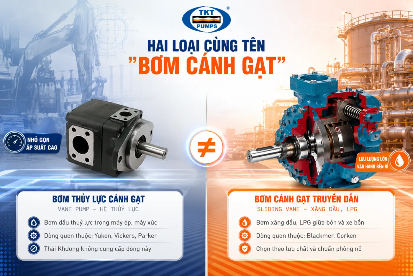 Giá bơm cánh gạt xăng dầu, LPG: 6 yếu tố quyết định giá 2 Hai loại cùng tên bơm cánh gạt: bơm thuỷ lực cánh gạt (vane pump — Yuken, Vickers, Parker) bơm dầu thuỷ lực trong máy ép, máy xúc và Thái Khương không cung cấp; khác với bơm cánh gạt truyền dẫn (sliding vane — Blackmer, Corken) bơm xăng dầu, LPG giữa bồn và xe bồn, chọn theo lưu chất và chuẩn phòng nổ