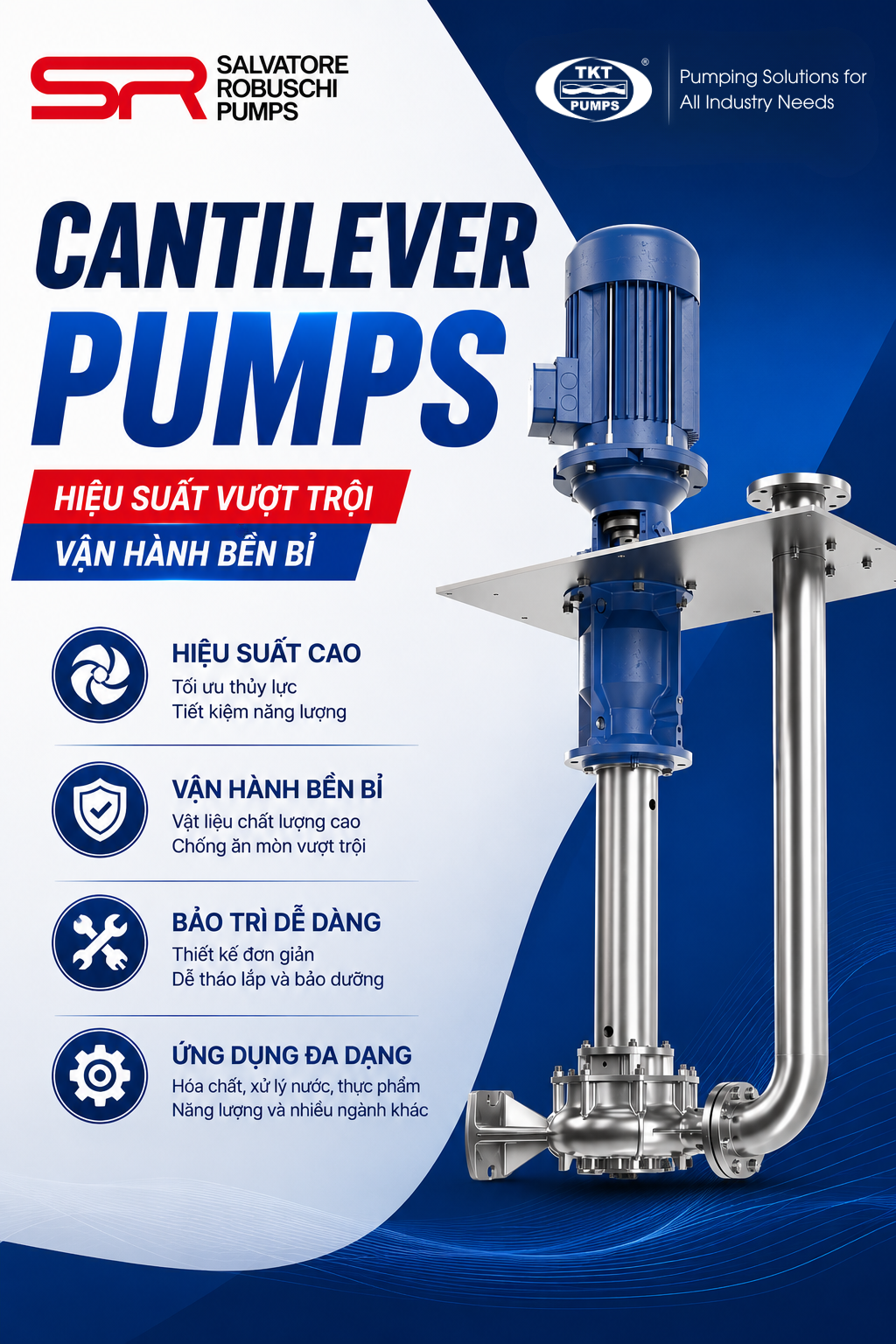 Infographic bơm Cantilever Salvatore Robuschi: hiệu suất cao, vận hành bền bỉ, bảo trì dễ dàng, ứng dụng đa dạng