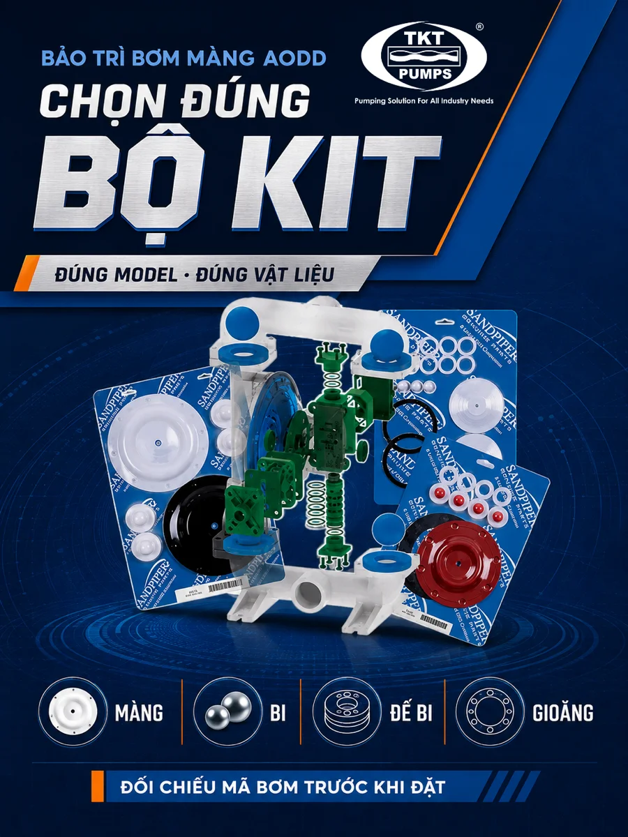 Bộ phụ tùng (kit) bảo trì bơm màng khí nén AODD Sandpiper gồm màng, bi, đế bi và gioăng, chọn theo đúng model và đúng vật liệu