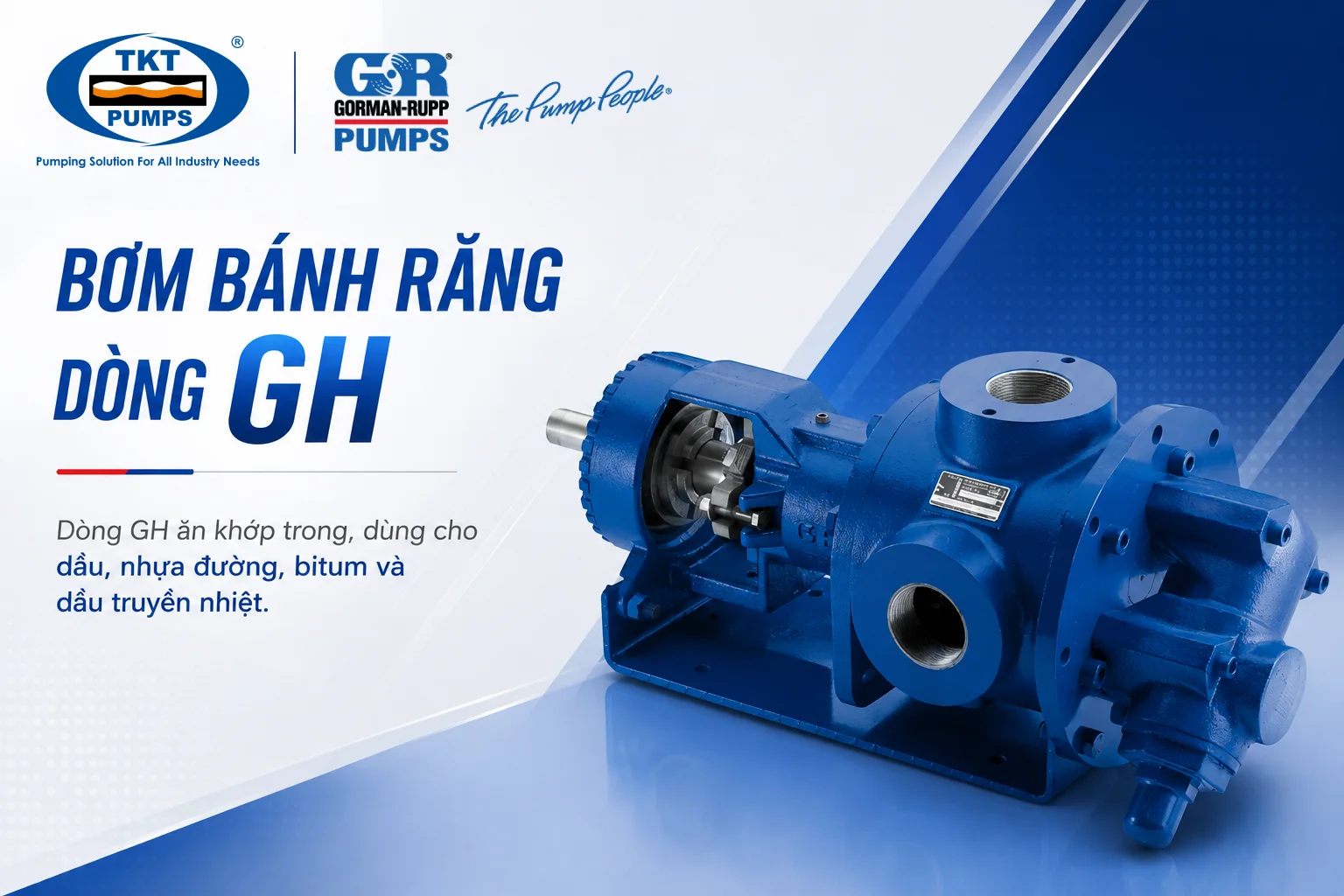 Bơm Gorman-Rupp: 5 dòng máy và ứng dụng tại Việt Nam 6 Bơm bánh răng Gorman-Rupp dòng GH màu xanh, mặt bên cắt mở cho thấy cặp bánh răng ăn khớp trong