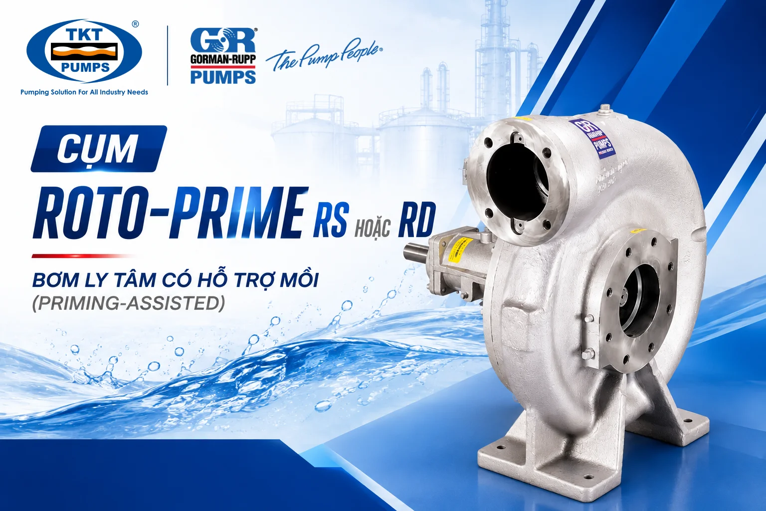 Bơm Gorman-Rupp: 5 dòng máy và ứng dụng tại Việt Nam 3 Bơm ly tâm có hỗ trợ mồi Gorman-Rupp Roto-Prime RS hoặc RD, thân kim loại sáng màu, nhìn nghiêng thấy cửa hút và cửa xả mặt bích