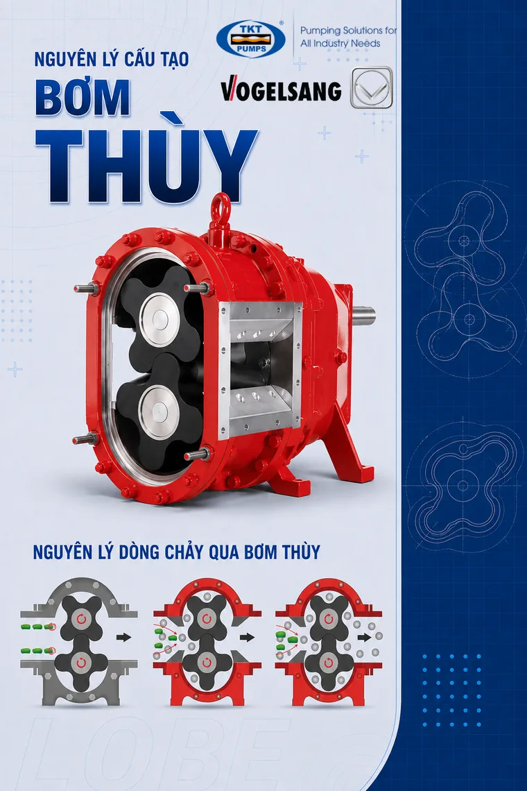 Cấu tạo bơm thùy (bơm lobe), hai rotor hình cánh khế quay ngược chiều trong buồng bơm