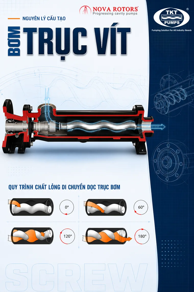 Cấu tạo bơm trục vít, rotor thép ép trong stator elastomer, mặt cắt dọc trục