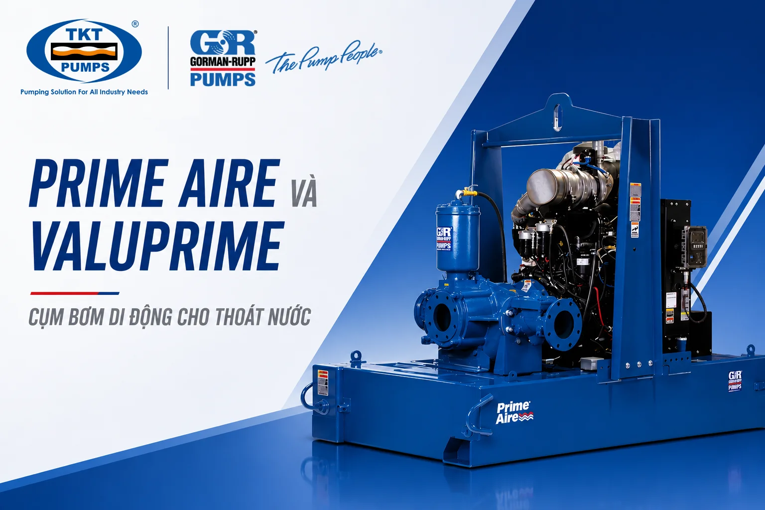 Bơm Gorman-Rupp: 5 dòng máy và ứng dụng tại Việt Nam 4 Cụm bơm di động Gorman-Rupp Prime Aire lắp trên bệ trượt khung thép xanh, gồm đầu bơm, động cơ diesel và tủ điều khiển