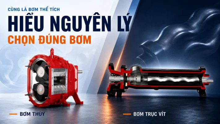 Bơm thùy và bơm trục vít Nova Rotors đặt cạnh nhau, minh hoạ cùng là bơm thể tích nhưng khác nguyên lý làm kín, cần hiểu nguyên lý để chọn đúng loại bơm