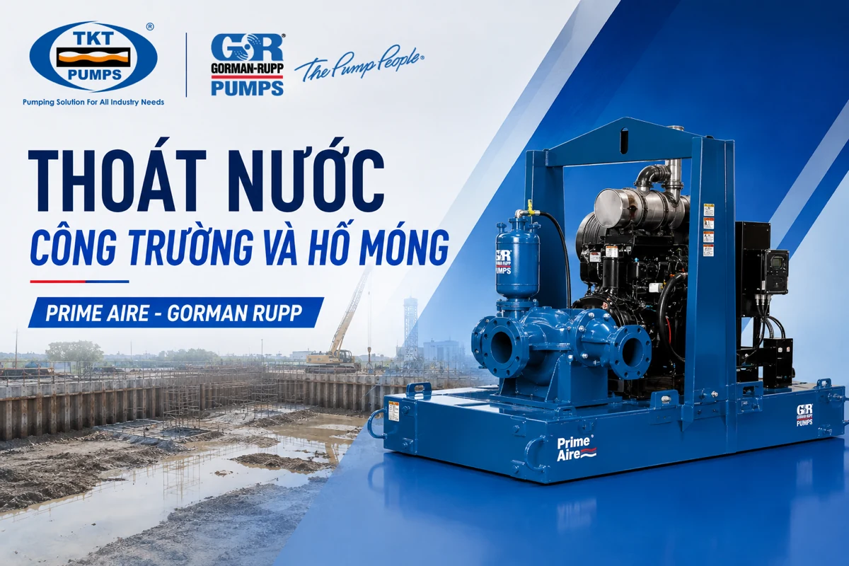Thoát nước công trường và hố móng: 4 dữ kiện cần biết trước khi chọn bơm Prime Aire - Gorman-Rupp 1 Cụm bơm mồi khô Prime Aire của Gorman-Rupp đặt cạnh hố móng đang thi công