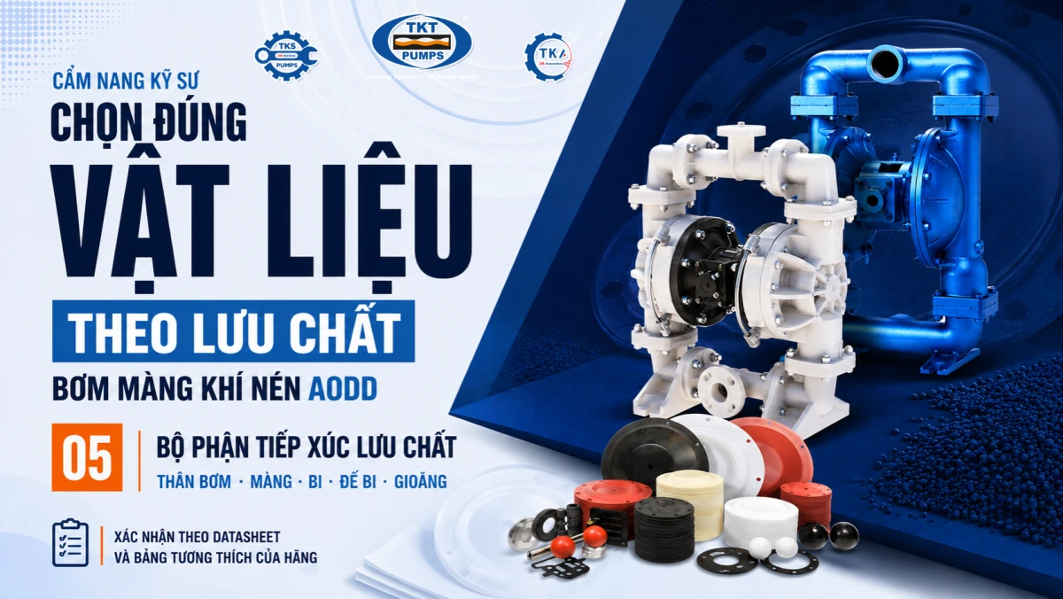 Cẩm nang kỹ sư chọn đúng vật liệu bơm màng khí nén AODD theo lưu chất — bơm màng thân nhựa và thân kim loại cùng bộ phụ tùng màng, bi, đế bi, gioăng