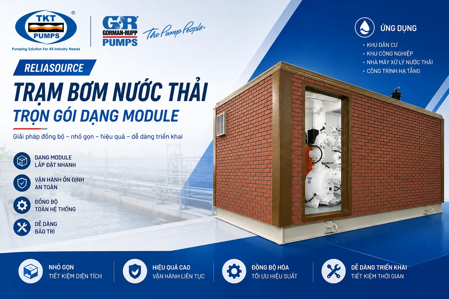 Bơm Gorman-Rupp: 5 dòng máy và ứng dụng tại Việt Nam 5 Trạm bơm nước thải trọn gói Gorman-Rupp ReliaSource dạng module, vỏ ngoài ốp gạch đỏ, cửa bên mở cho thấy cụm bơm và đường ống lắp sẵn bên trong