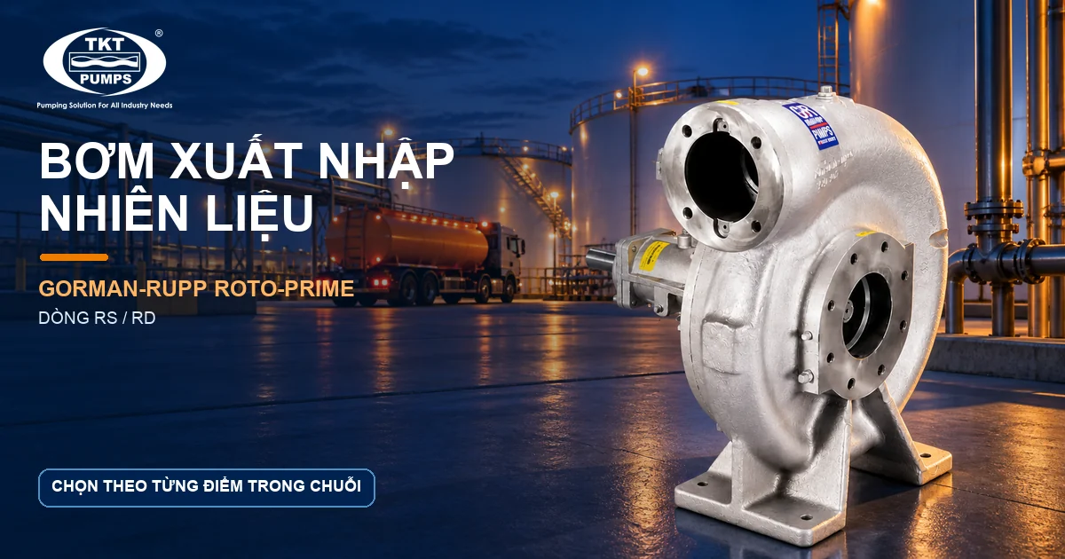 Bơm Gorman-Rupp Roto-Prime RS/RD tại kho nhiên liệu, phía sau có bồn chứa và xe bồn