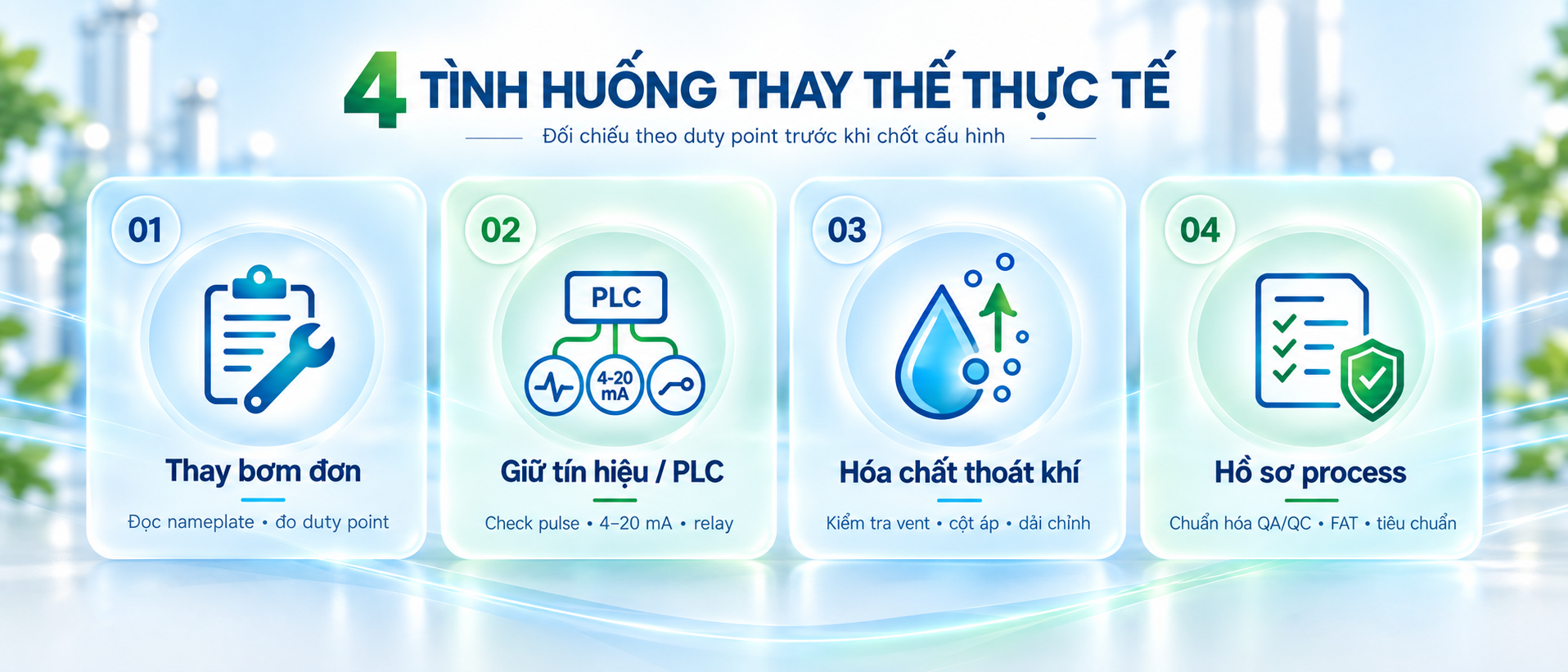 So sánh bơm định lượng Doseuro và Grundfos theo duty point 4 Bốn tình huống thay thế bơm định lượng Doseuro và Grundfos trong thực tế