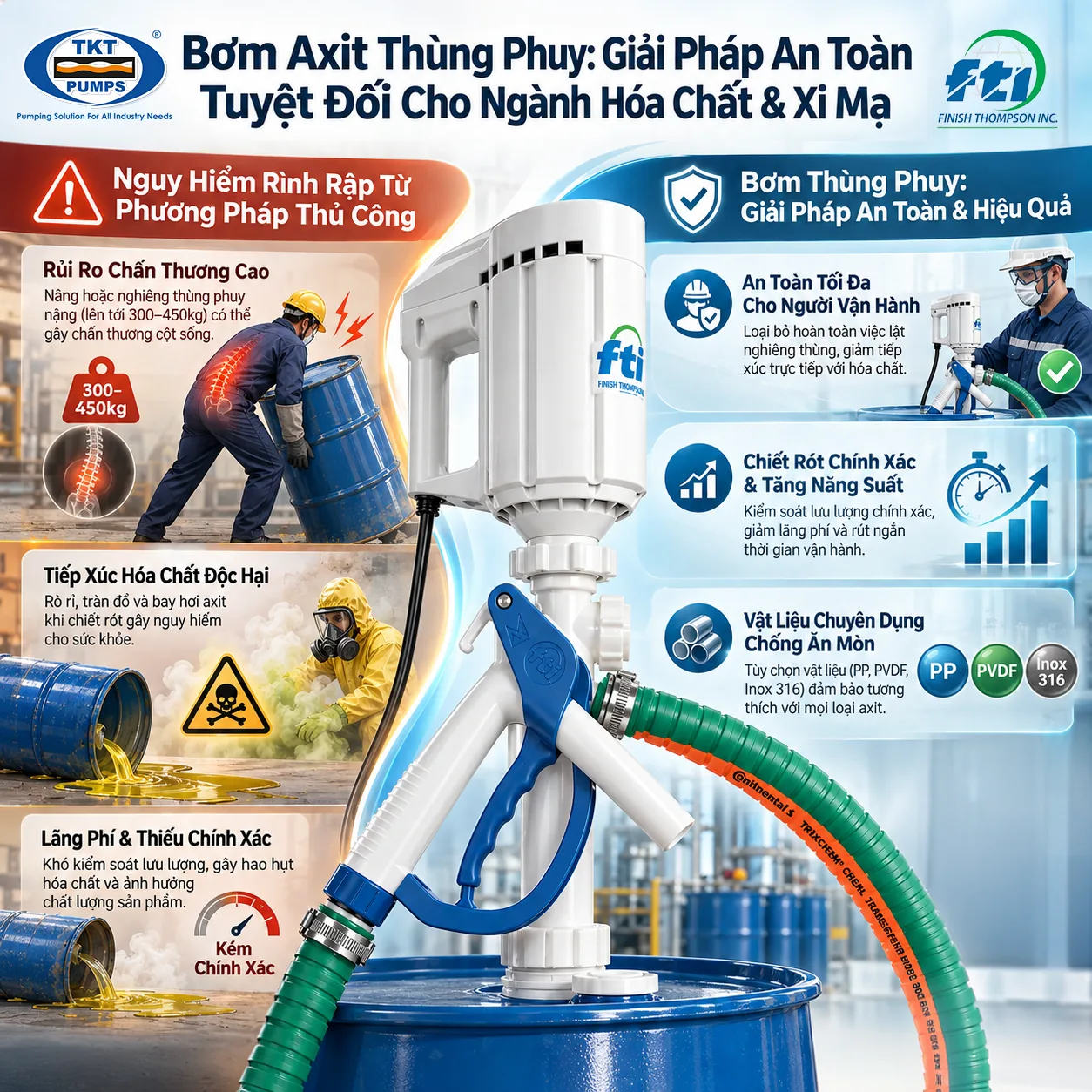 Rủi ro chiết axit thủ công và giải pháp bơm thùng phuy So sánh rủi ro khi nghiêng đổ thùng axit thủ công với cách chiết bằng bơm thùng phuy FTI.