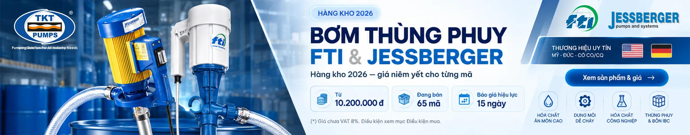 Bơm thùng phuy - Hàng kho 4 Hàng kho 2026 — Bơm thùng phuy FTI & Jessberger, giá niêm yết cho từng mã