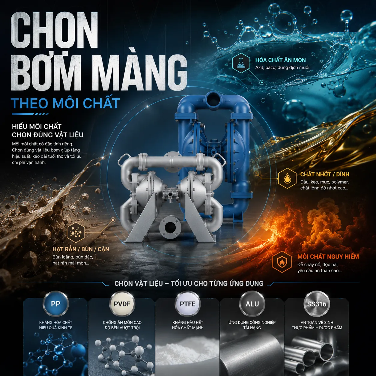 Chọn bơm màng theo môi chất — PP, PVDF, PTFE, nhôm (ALU), inox 316 theo hóa chất ăn mòn, hạt rắn/bùn, chất nhớt/dính và môi chất nguy hiểm | TKT Pumps
