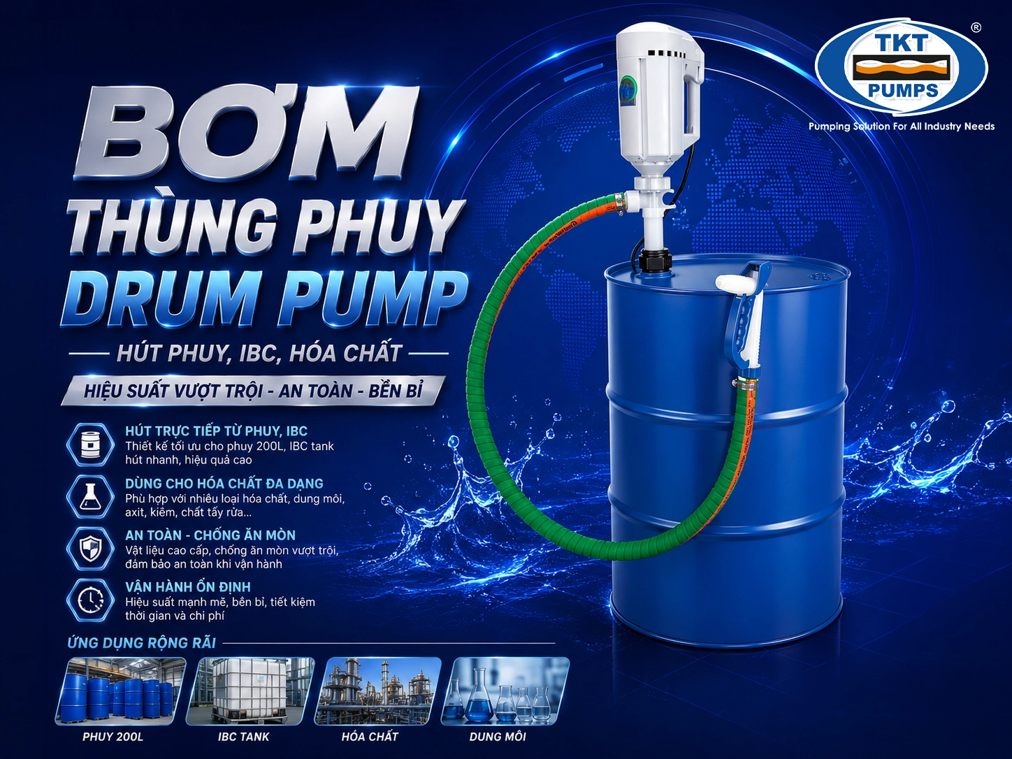 Ảnh hero: bơm thùng phuy Finish Thompson trên phuy 200L (vùng graphic design)